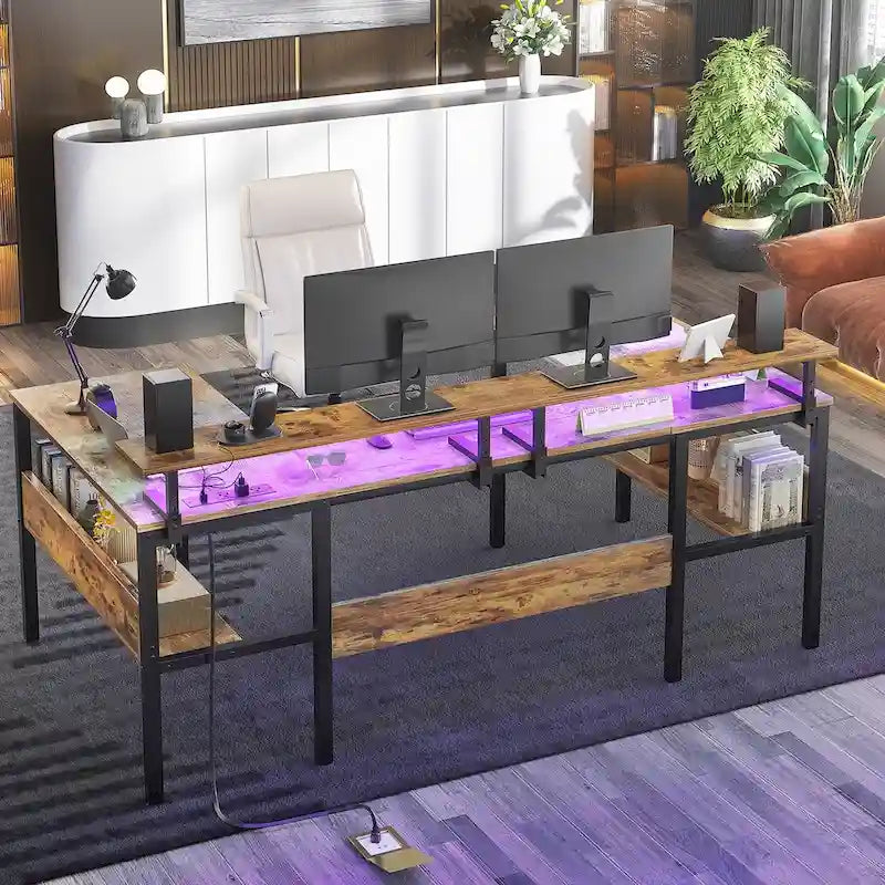 L-Shaped Corner Desk with Monitor Stand, LED Lights and USB Ports – Black