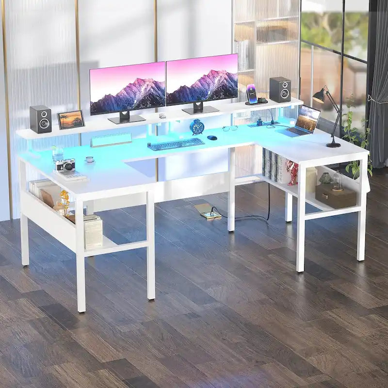 L-Shaped Corner Desk with Monitor Stand, LED Lights and USB Ports – Black