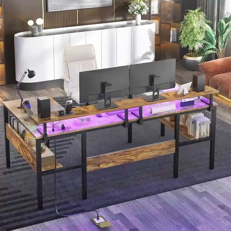 L-Shaped Corner Desk with Monitor Stand, LED Lights and USB Ports – Black