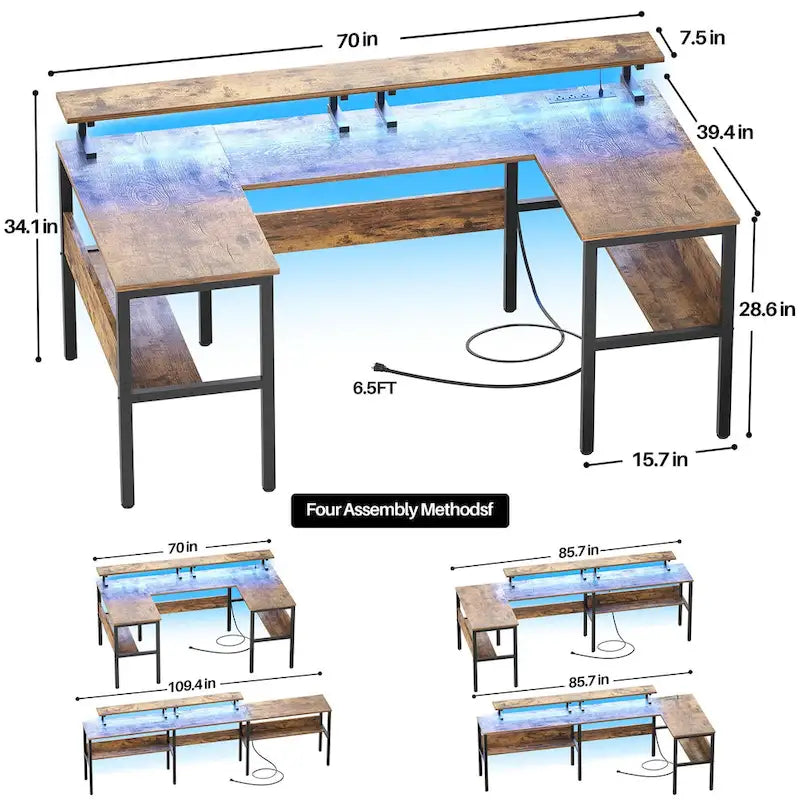 L-Shaped Corner Desk with Monitor Stand, LED Lights and USB Ports – Black