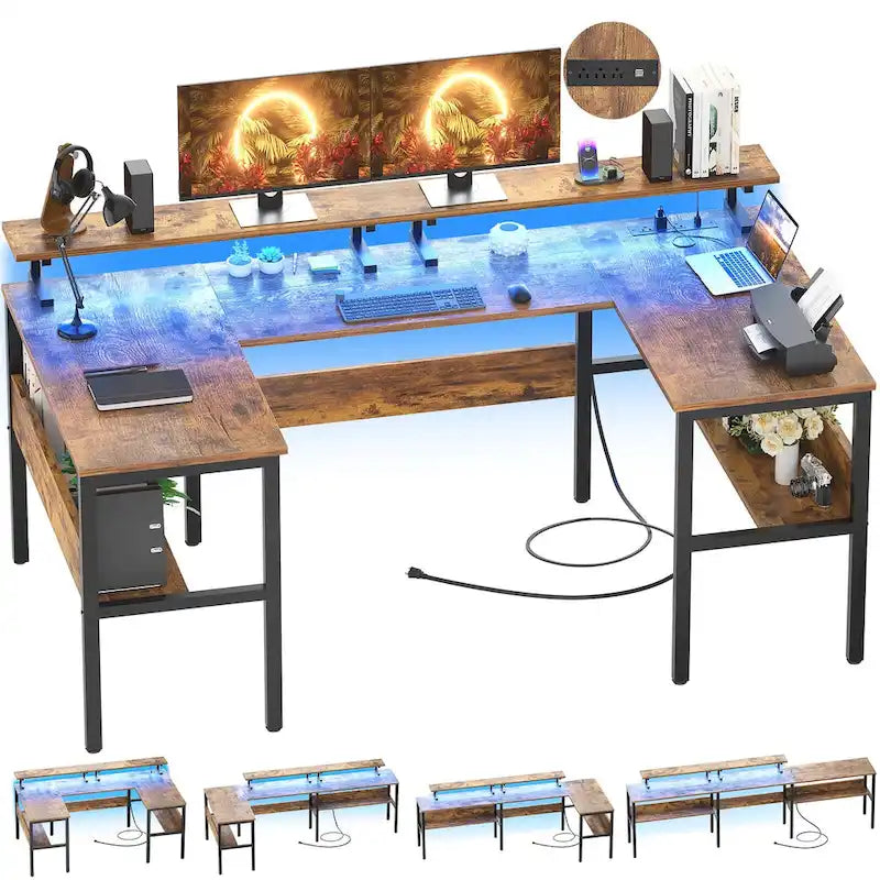 L-Shaped Corner Desk with Monitor Stand, LED Lights and USB Ports – Black