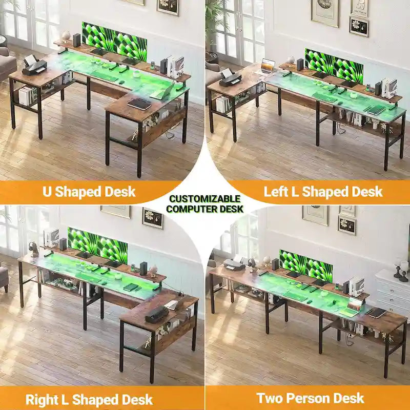 L-Shaped Corner Desk with Monitor Stand, LED Lights and USB Ports – Black