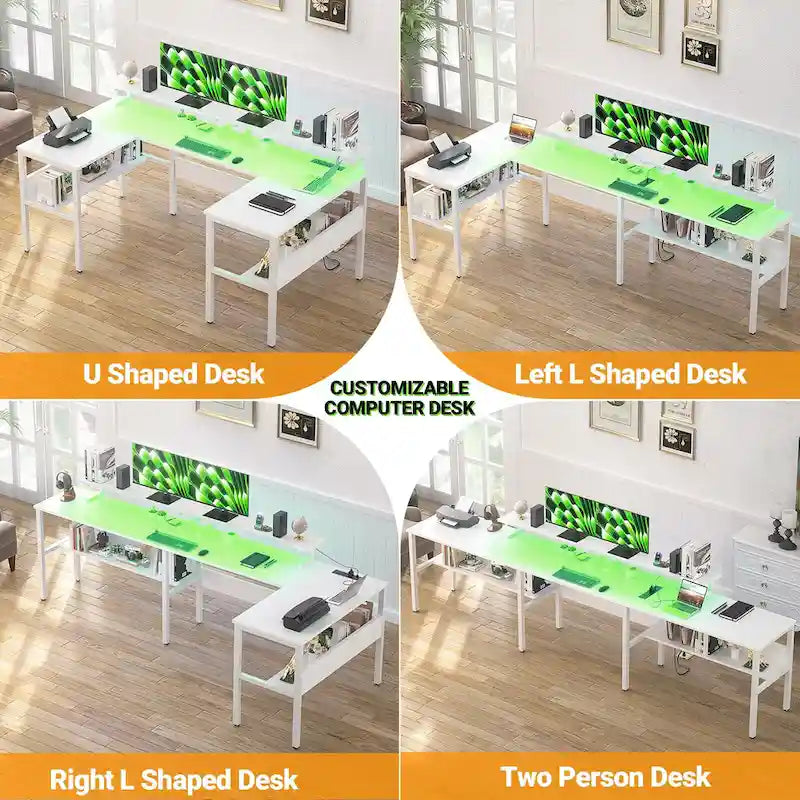 L-Shaped Corner Desk with Monitor Stand, LED Lights and USB Ports – Black