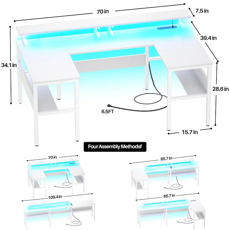 L-Shaped Corner Desk with Monitor Stand, LED Lights and USB Ports – Black