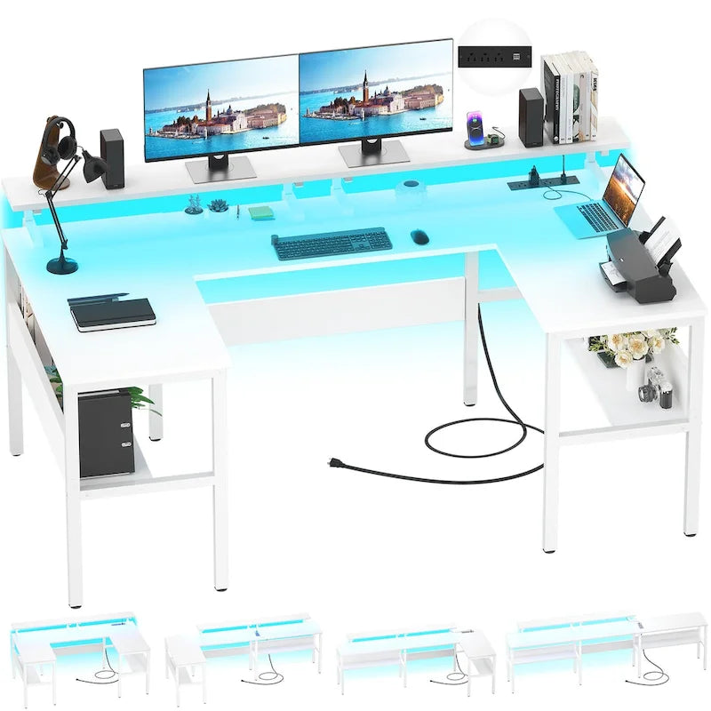 L-Shaped Corner Desk with Monitor Stand, LED Lights and USB Ports – Black