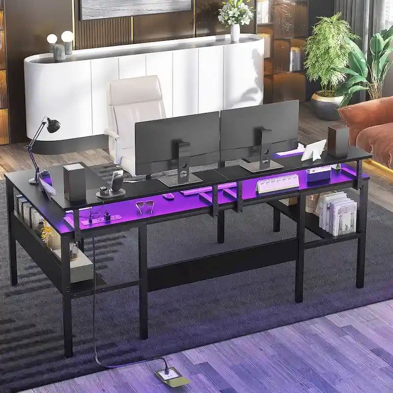 L-Shaped Corner Desk with Monitor Stand, LED Lights and USB Ports – Black