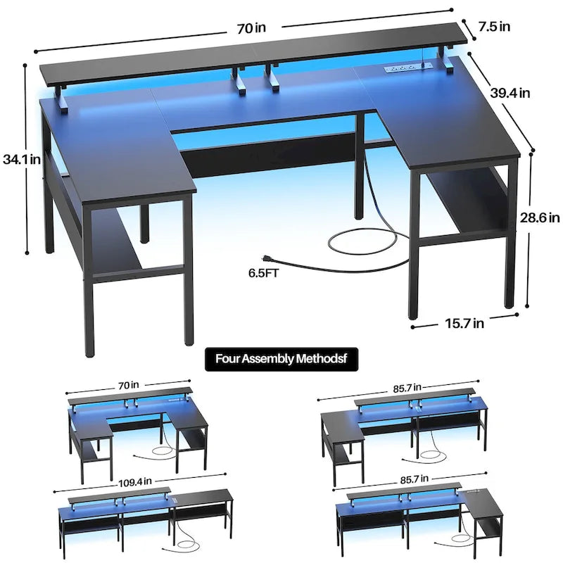 L-Shaped Corner Desk with Monitor Stand, LED Lights and USB Ports – Black