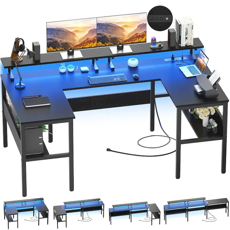 L-Shaped Corner Desk with Monitor Stand, LED Lights and USB Ports – Black