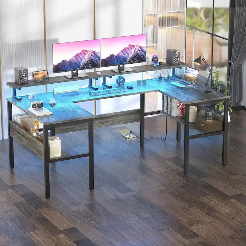 L-Shaped Corner Desk with Monitor Stand, LED Lights and USB Ports – Black