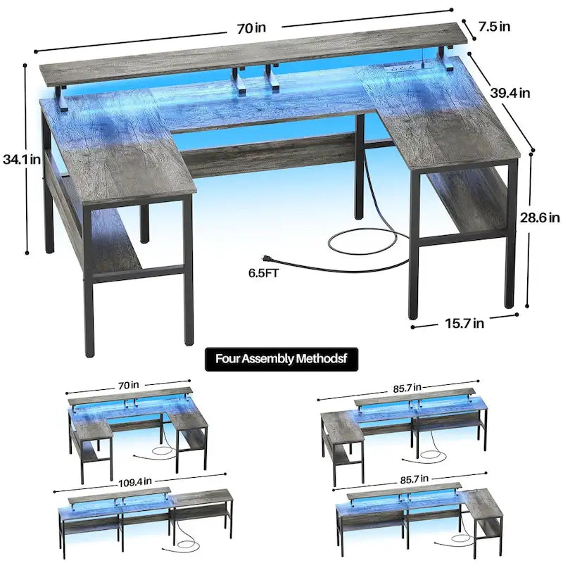 L-Shaped Corner Desk with Monitor Stand, LED Lights and USB Ports – Black