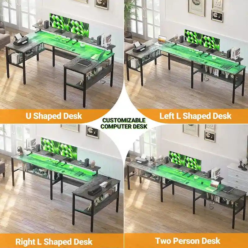 L-Shaped Corner Desk with Monitor Stand, LED Lights and USB Ports – Black