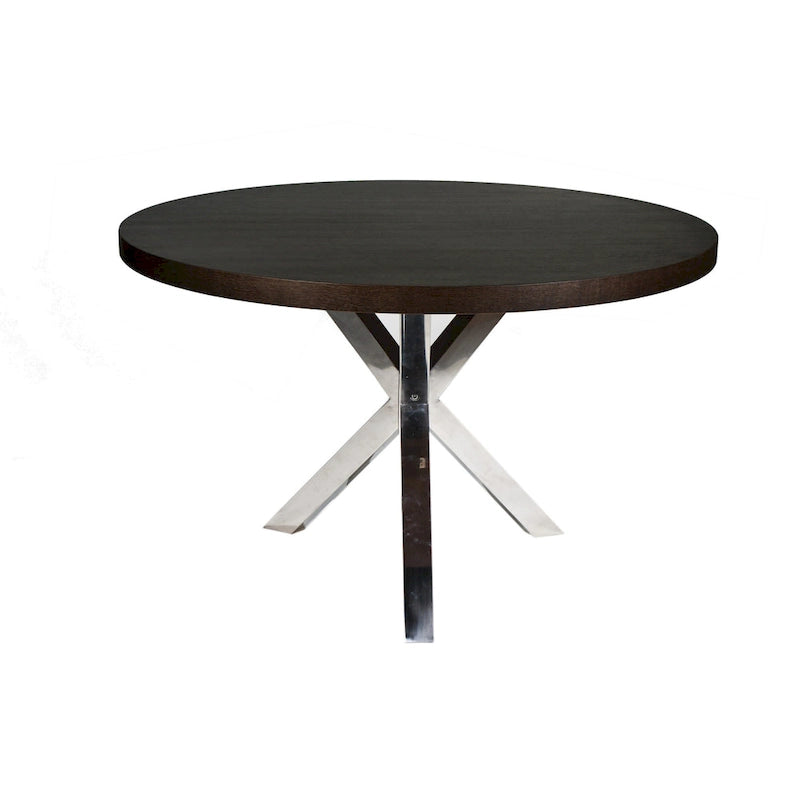Round Dining Table Espresso Brown Wood Top X Cross Chrome Steel Base