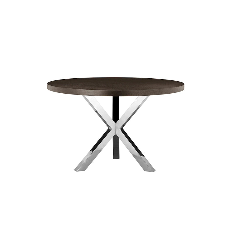Round Dining Table Espresso Brown Wood Top X Cross Chrome Steel Base