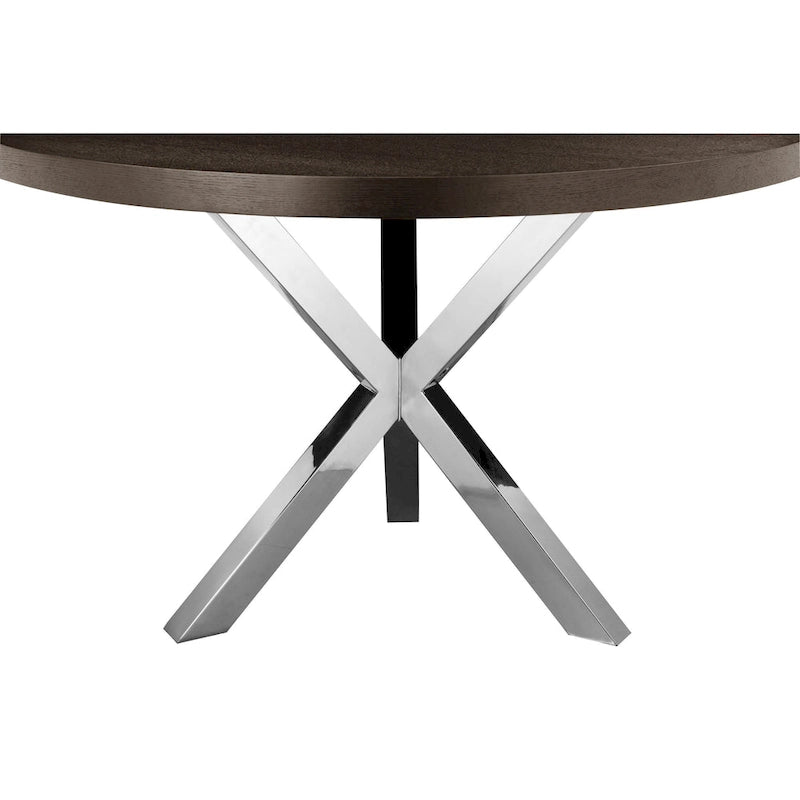 Round Dining Table Espresso Brown Wood Top X Cross Chrome Steel Base