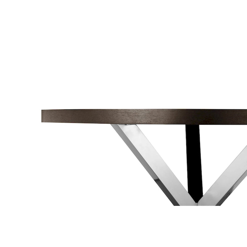 Round Dining Table Espresso Brown Wood Top X Cross Chrome Steel Base