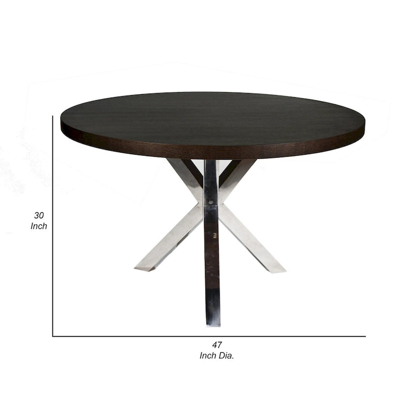 Round Dining Table Espresso Brown Wood Top X Cross Chrome Steel Base