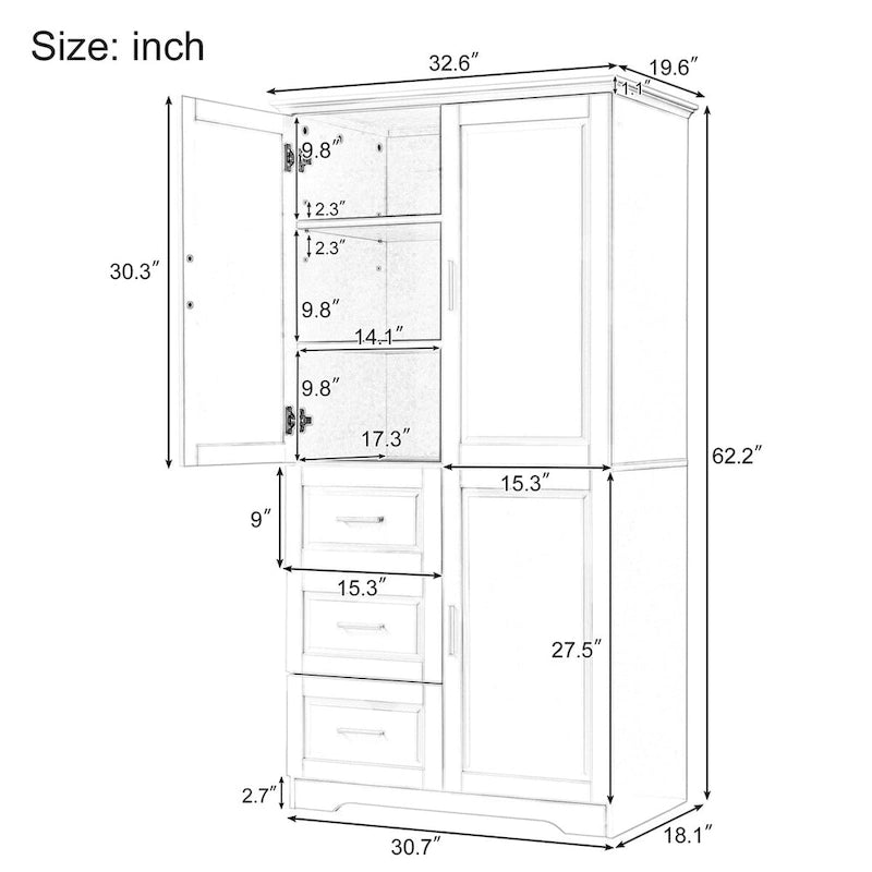 Black MDF Wood Tall Storage Cabinet with Double Doors and Three Drawers