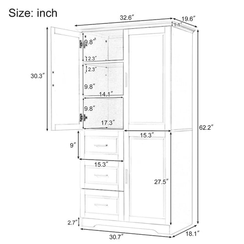 Black MDF Wood Tall Storage Cabinet with Double Doors and Three Drawers