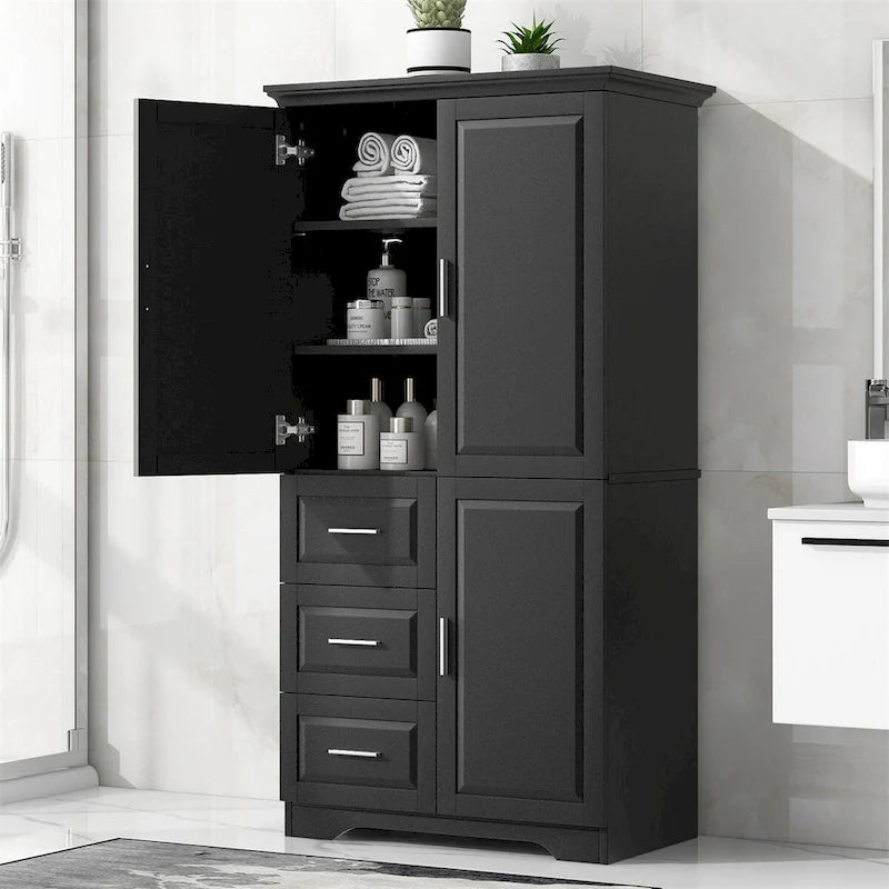 Black MDF Wood Tall Storage Cabinet with Double Doors and Three Drawers
