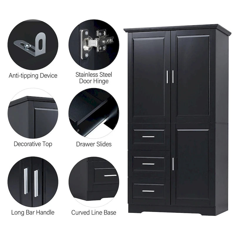 Armário alto preto em MDF com duas portas e três gavetas