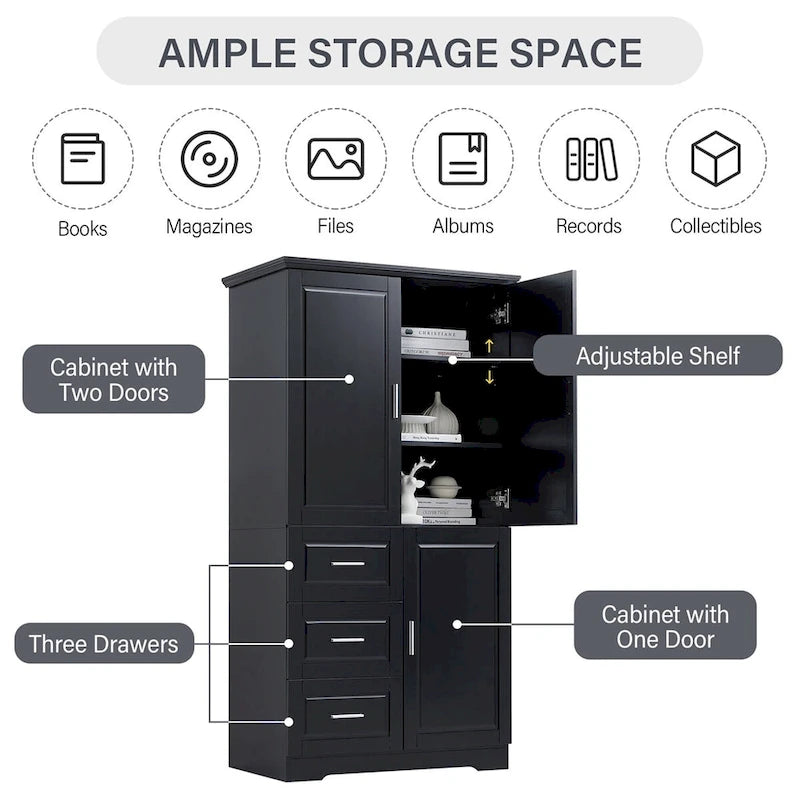 Black MDF Wood Tall Storage Cabinet with Double Doors and Three Drawers