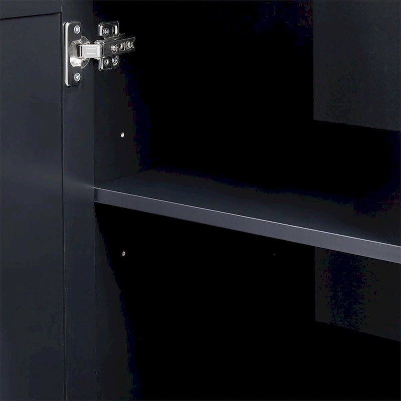 Armário alto preto em MDF com duas portas e três gavetas