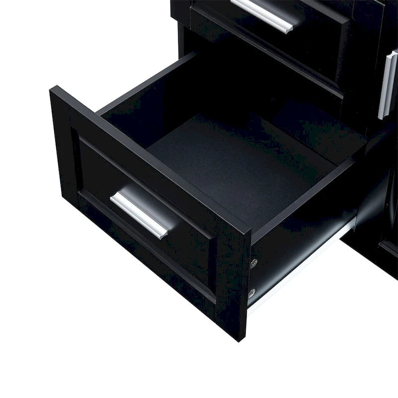 Armário alto preto em MDF com duas portas e três gavetas