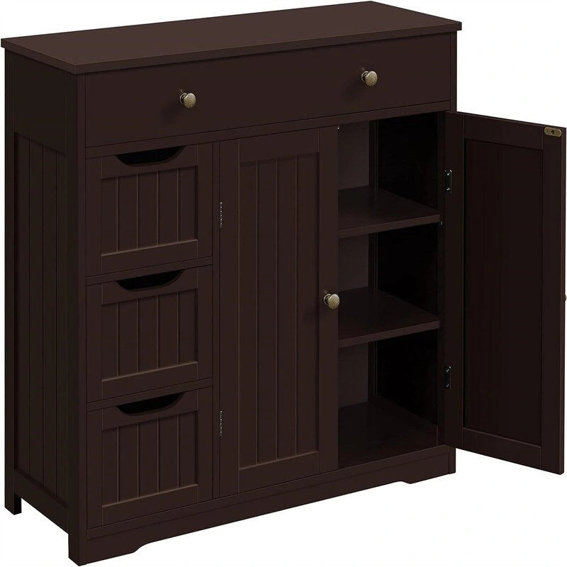 Free-Standing Floor Storage Cabinet with Drawers and Double Doors, White and Tan
