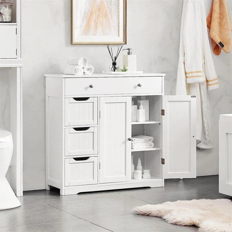 Free-Standing Floor Storage Cabinet with Drawers and Double Doors, White and Tan
