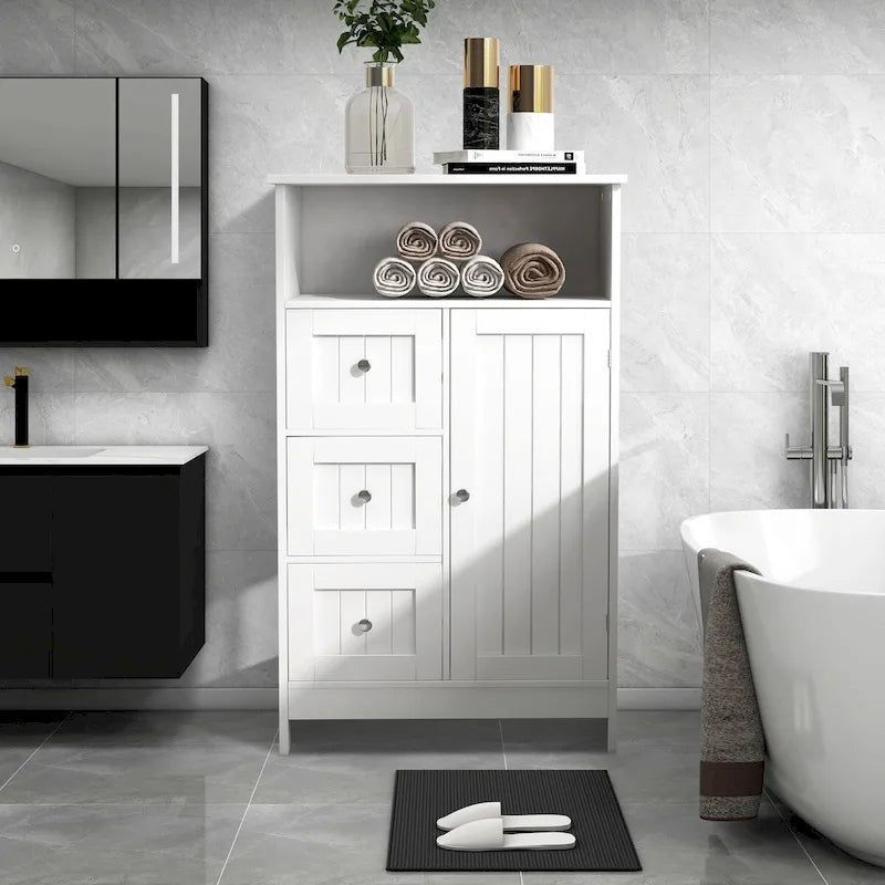 White Freestanding Bathroom Storage Cabinet with 3 Drawers and Door