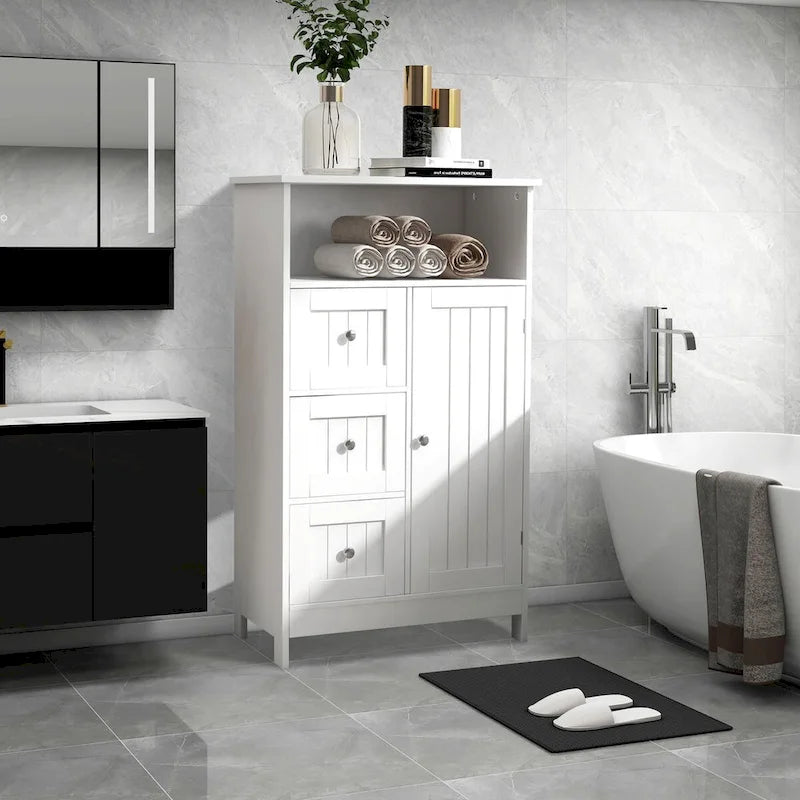 White Freestanding Bathroom Storage Cabinet with 3 Drawers and Door
