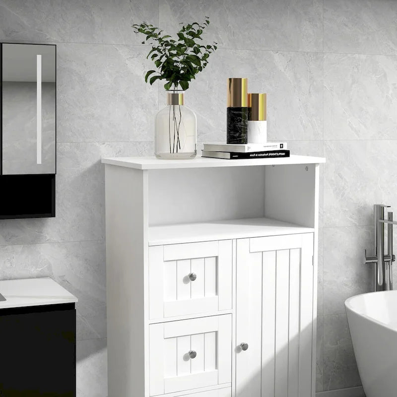 White Freestanding Bathroom Storage Cabinet with 3 Drawers and Door