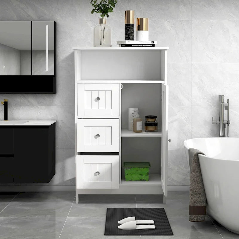 White Freestanding Bathroom Storage Cabinet with 3 Drawers and Door