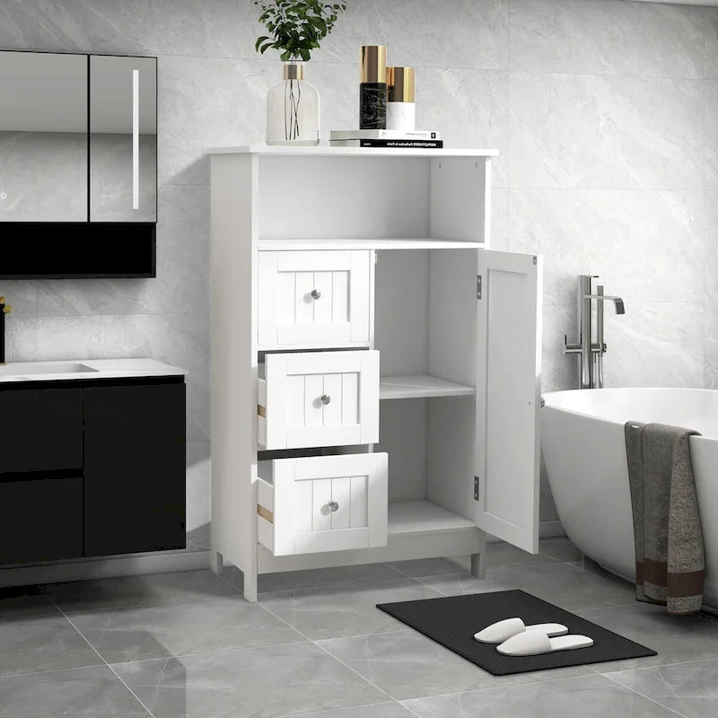 White Freestanding Bathroom Storage Cabinet with 3 Drawers and Door