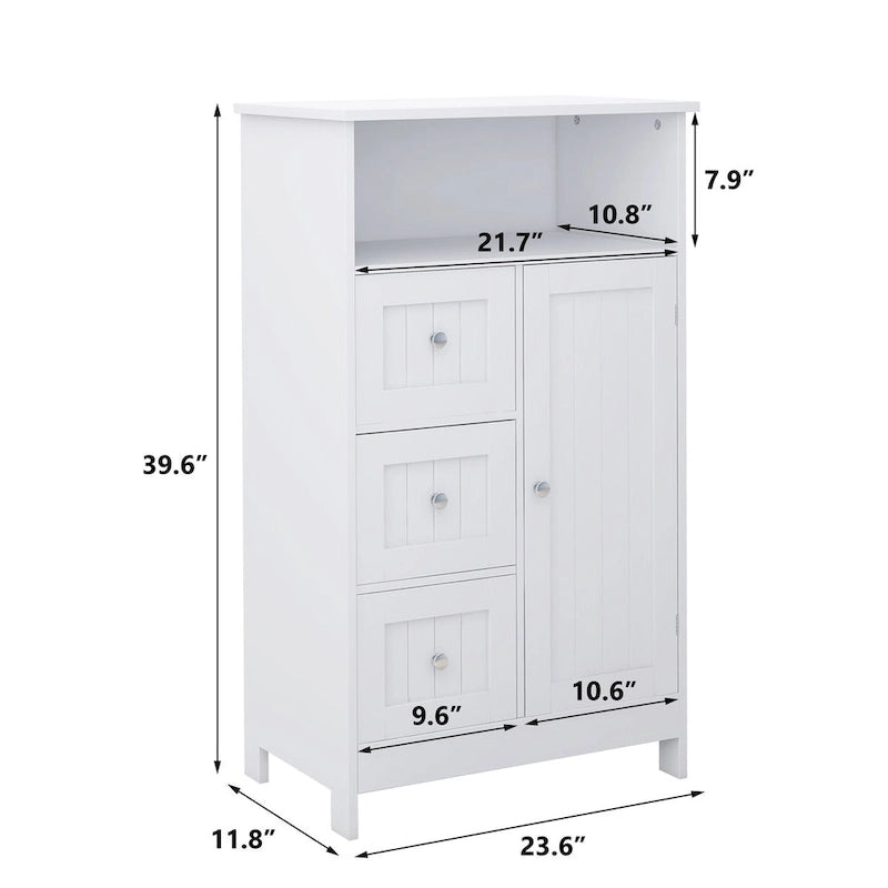 White Freestanding Bathroom Storage Cabinet with 3 Drawers and Door