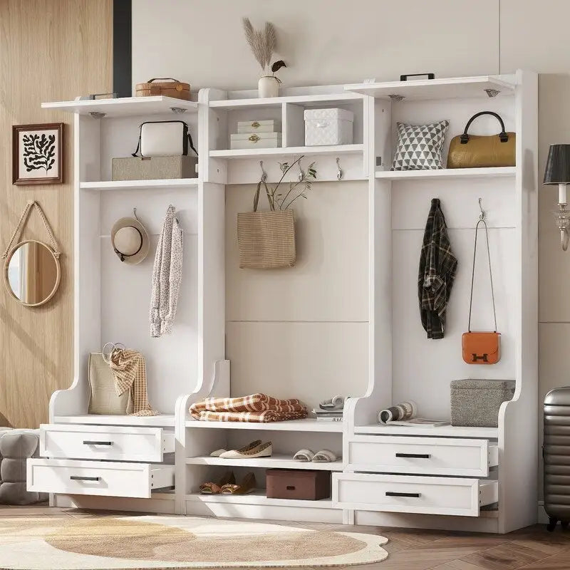 Dark Gray Hall Tree with Storage Cabinets, Open Shelves, Coat Hooks, Drawers and Shoe Bench