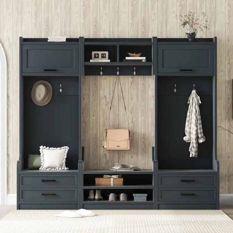 Dark Gray Hall Tree with Storage Cabinets, Open Shelves, Coat Hooks, Drawers and Shoe Bench