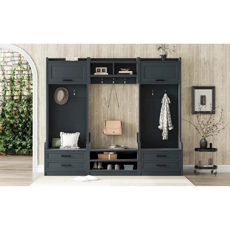 Dark Gray Hall Tree with Storage Cabinets, Open Shelves, Coat Hooks, Drawers and Shoe Bench