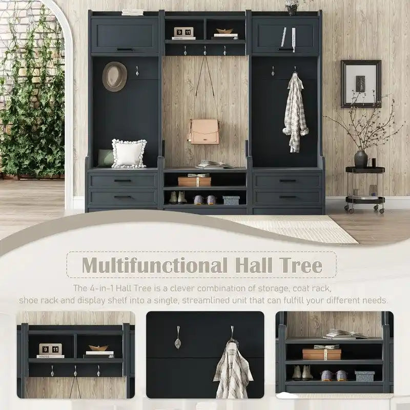 Dark Gray Hall Tree with Storage Cabinets, Open Shelves, Coat Hooks, Drawers and Shoe Bench
