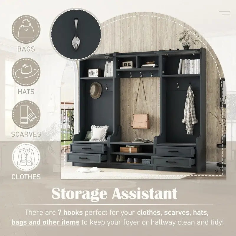 Dark Gray Hall Tree with Storage Cabinets, Open Shelves, Coat Hooks, Drawers and Shoe Bench