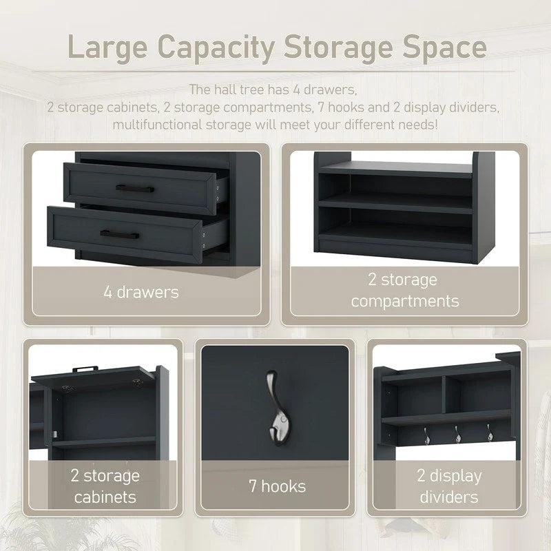 Dark Gray Hall Tree with Storage Cabinets, Open Shelves, Coat Hooks, Drawers and Shoe Bench