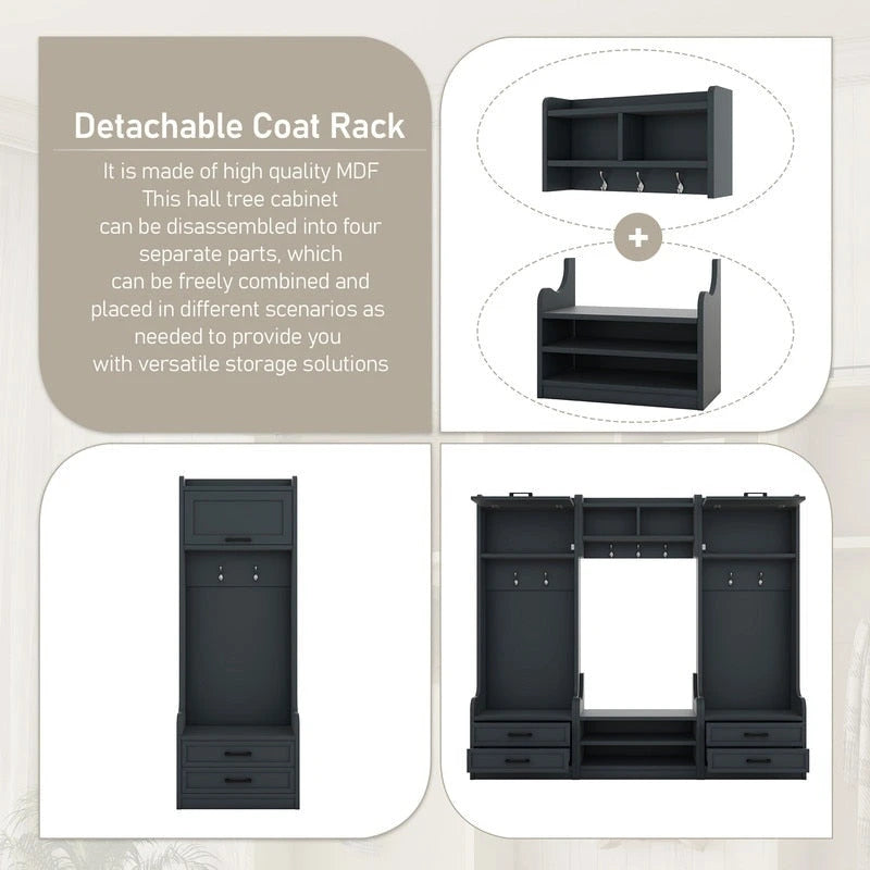Dark Gray Hall Tree with Storage Cabinets, Open Shelves, Coat Hooks, Drawers and Shoe Bench