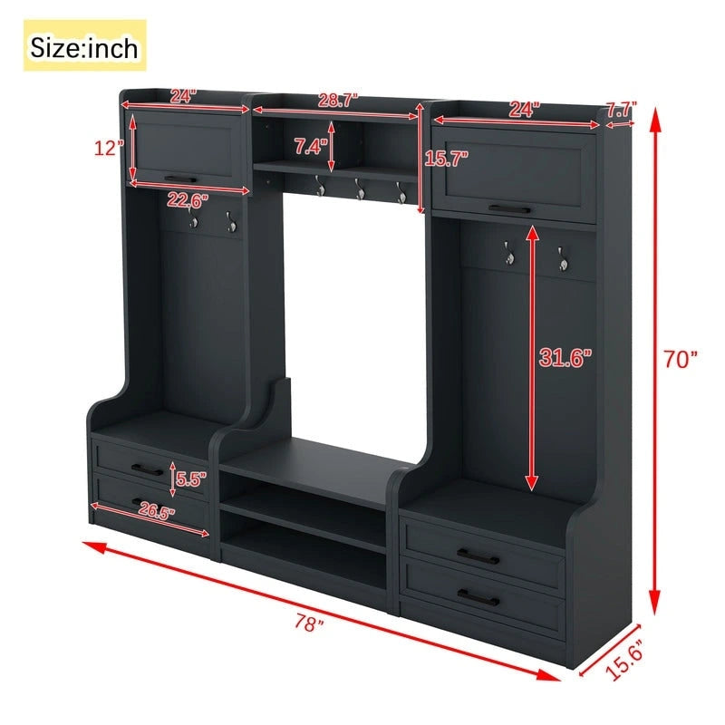 Dark Gray Hall Tree with Storage Cabinets, Open Shelves, Coat Hooks, Drawers and Shoe Bench