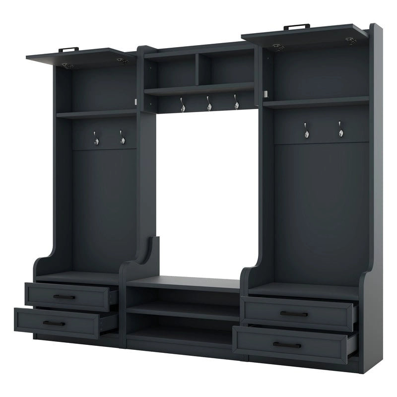 Dark Gray Hall Tree with Storage Cabinets, Open Shelves, Coat Hooks, Drawers and Shoe Bench