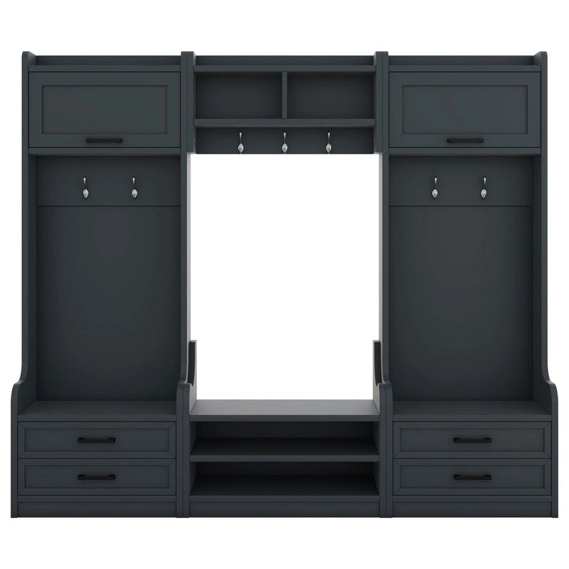 Dark Gray Hall Tree with Storage Cabinets, Open Shelves, Coat Hooks, Drawers and Shoe Bench