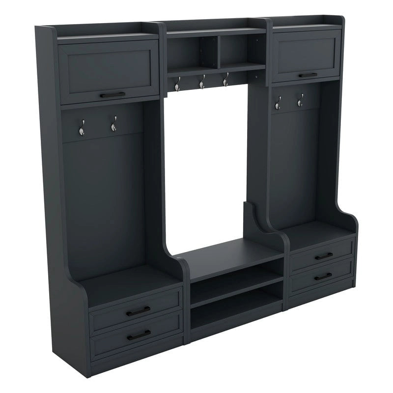 Dark Gray Hall Tree with Storage Cabinets, Open Shelves, Coat Hooks, Drawers and Shoe Bench