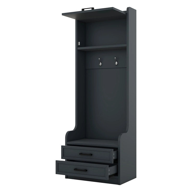 Dark Gray Hall Tree with Storage Cabinets, Open Shelves, Coat Hooks, Drawers and Shoe Bench