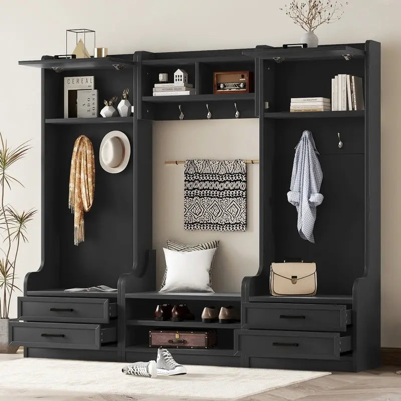 Dark Gray Hall Tree with Storage Cabinets, Open Shelves, Coat Hooks, Drawers and Shoe Bench