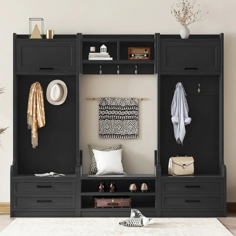 Dark Gray Hall Tree with Storage Cabinets, Open Shelves, Coat Hooks, Drawers and Shoe Bench