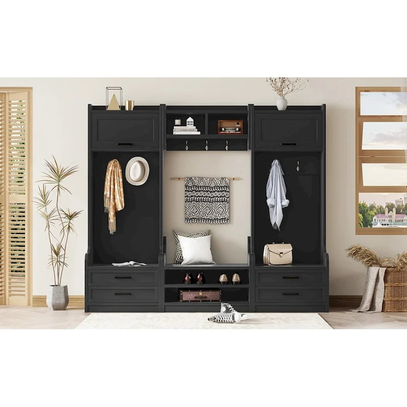 Dark Gray Hall Tree with Storage Cabinets, Open Shelves, Coat Hooks, Drawers and Shoe Bench